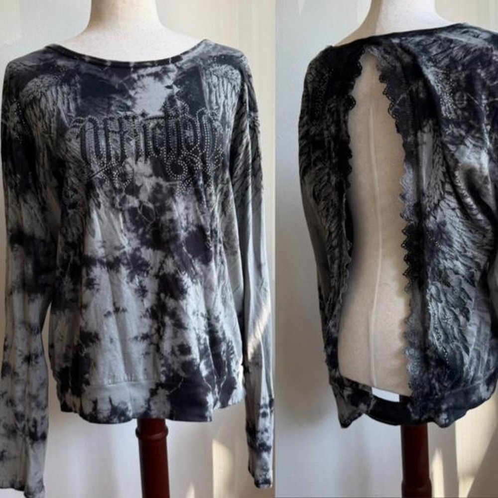 Affliction Vintage Y2K Acid Wash Rhinestone Wing Lace Open Back Top Grey Large